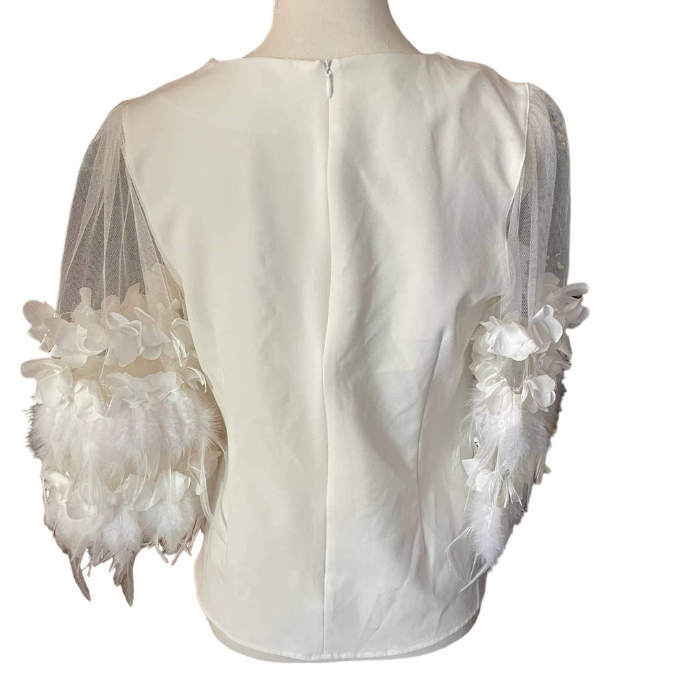 Why Dress Womens Bird Leaf Sleeve Mesh Top Blouse Crew Neck Size L White View 3